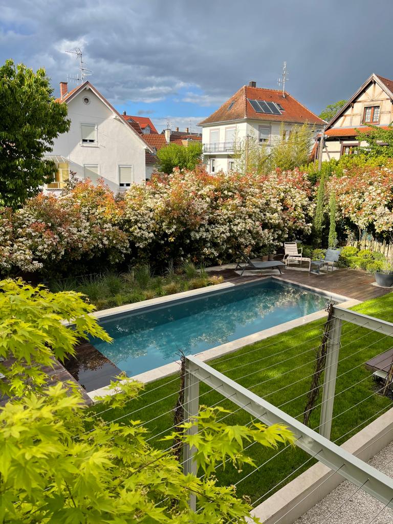Piscine moderne dans jardin luxuriant, entourée d'arbustes blancs et rouges. Maisons traditionnelles sous un ciel nuageux.