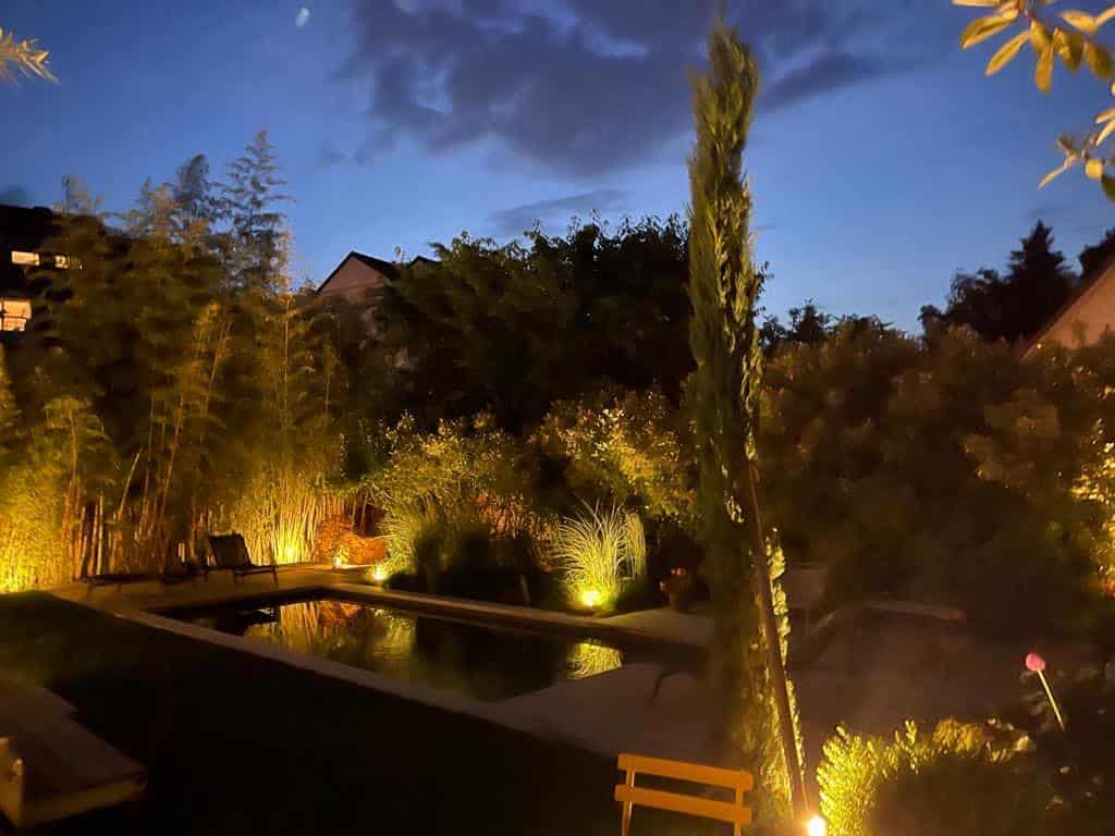 Jardin paysager de nuit avec piscine éclairée, mur de bambou, arbres et arbustes sous un ciel crépusculaire. Ambiance chaleureuse.