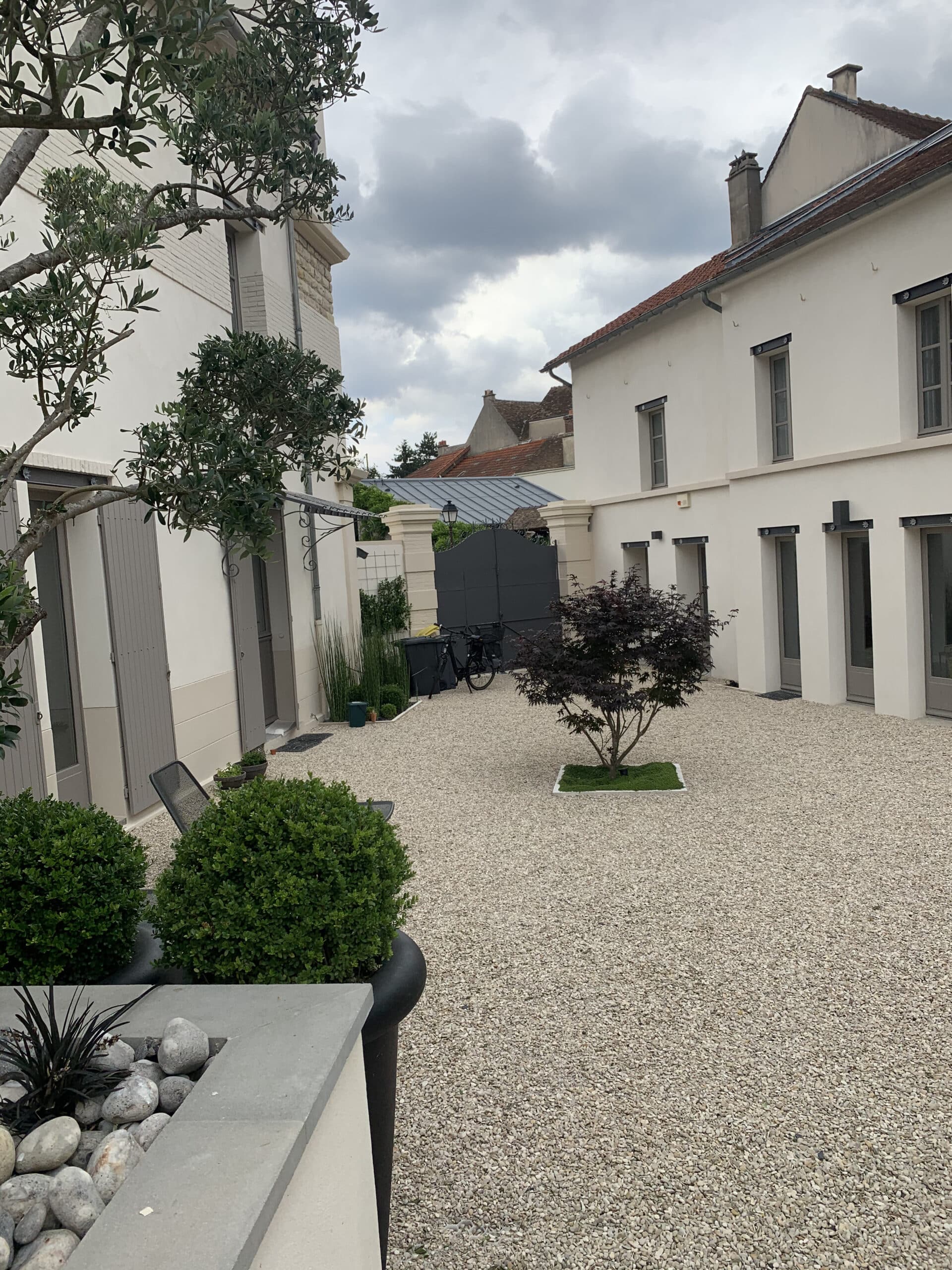 Cour moderne en gravier clair, bâtiments blancs aux volets gris. Un érable japonais, des oliviers, jardin paysager, portail foncé, vélo.