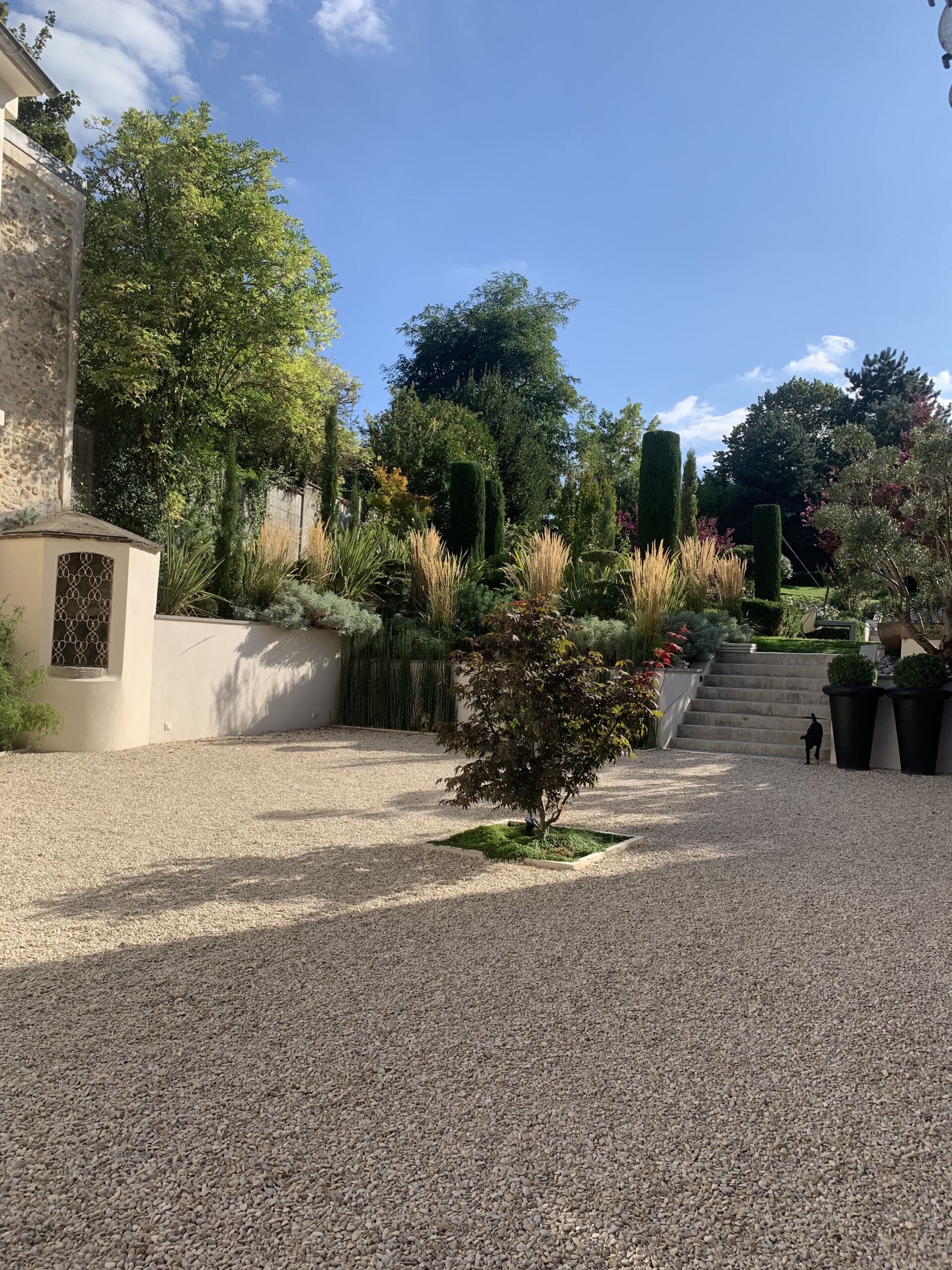 Jardin méditerranéen : allée de gravier, arbuste central. Escalier en pierre menant à des cyprès et graminées. Un chat noir monte les marches.