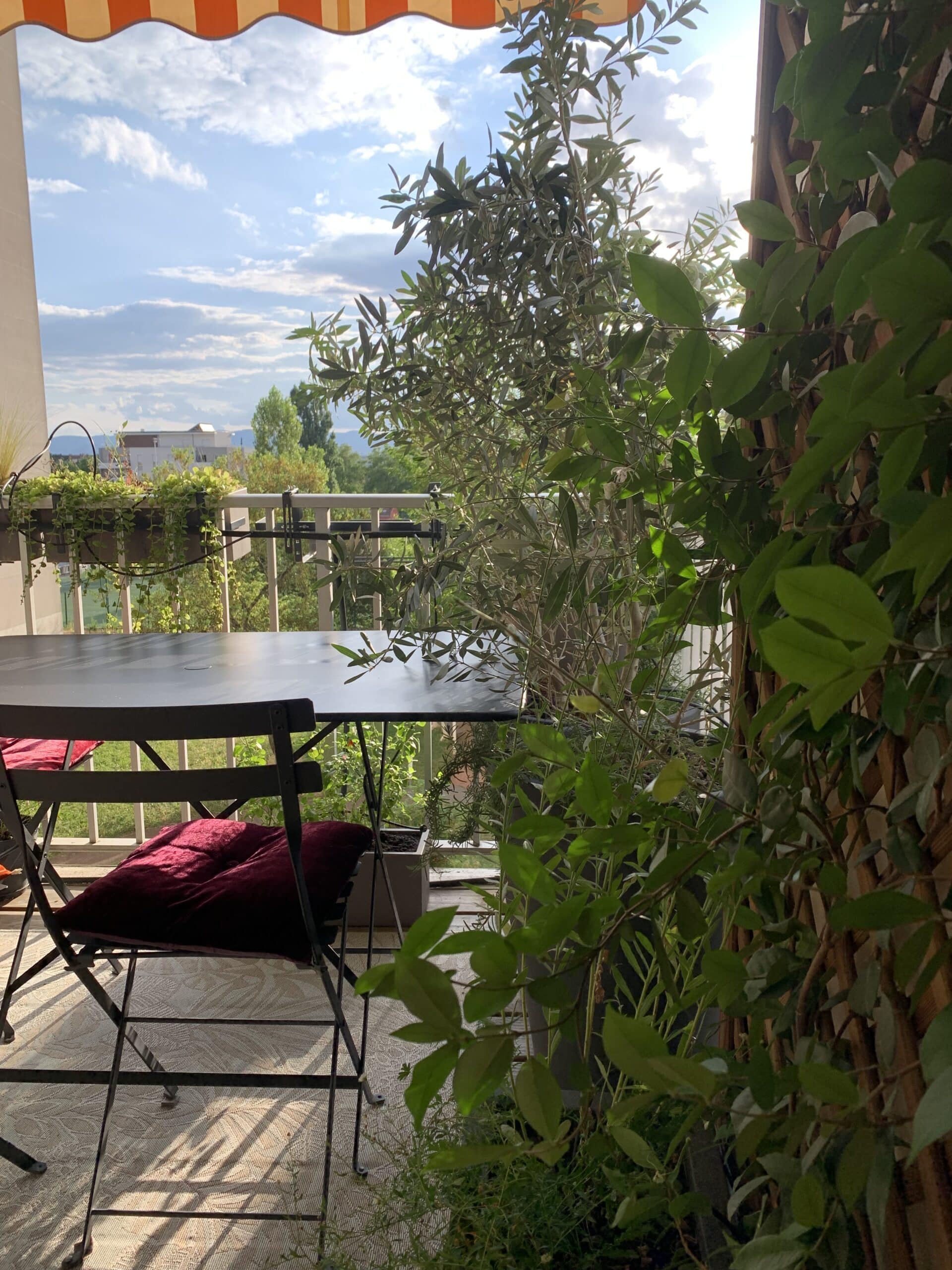 Balcon verdoyant avec table et chaises noires, coussins rouges. Un olivier et plantes grimpantes encadrent la vue sur le ciel nuageux et la ville. Auvant rayé.