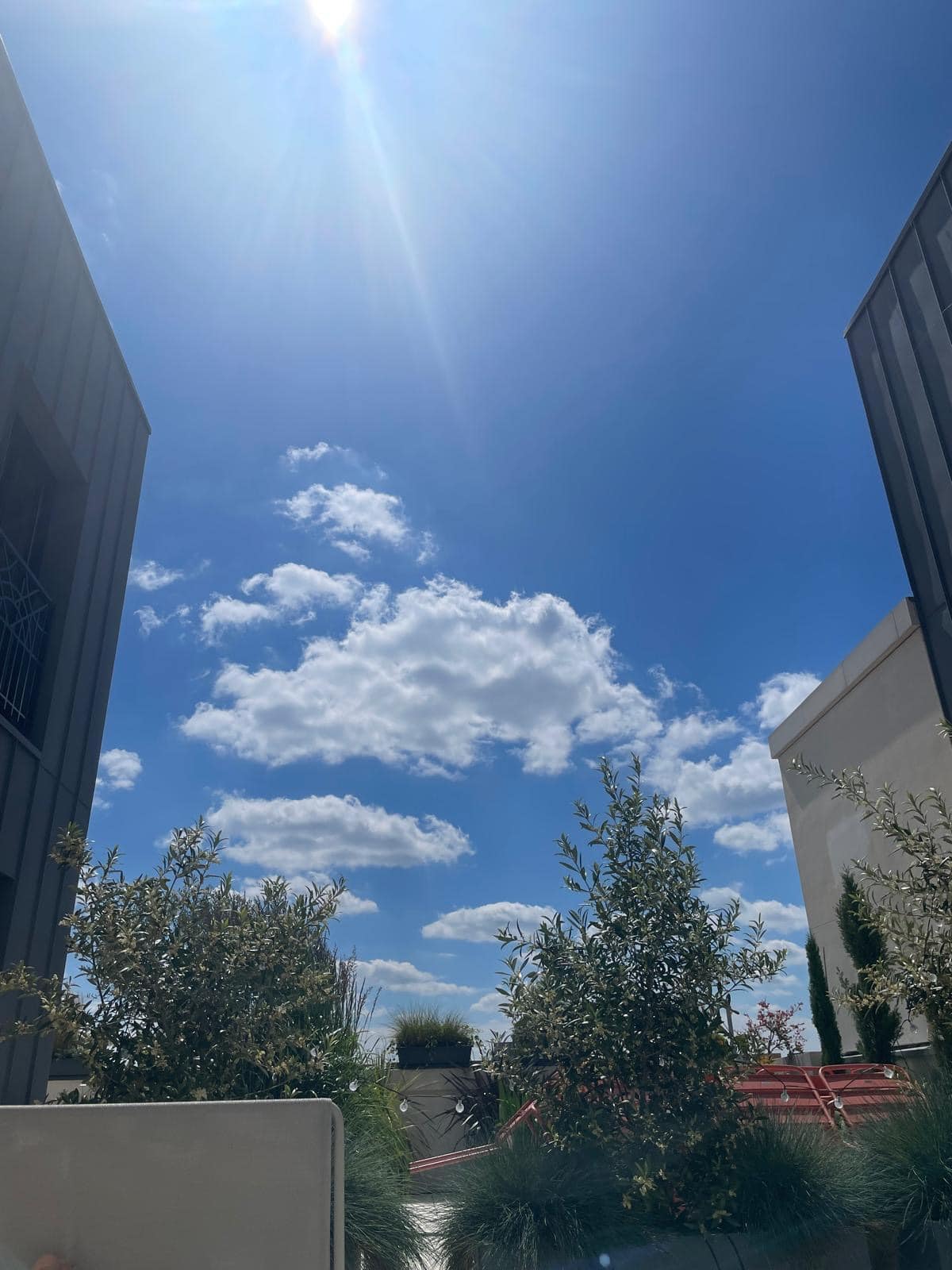 Ciel bleu éclatant avec soleil et nuages blancs au-dessus d'un jardin urbain verdoyant entre des bâtiments modernes sombres.