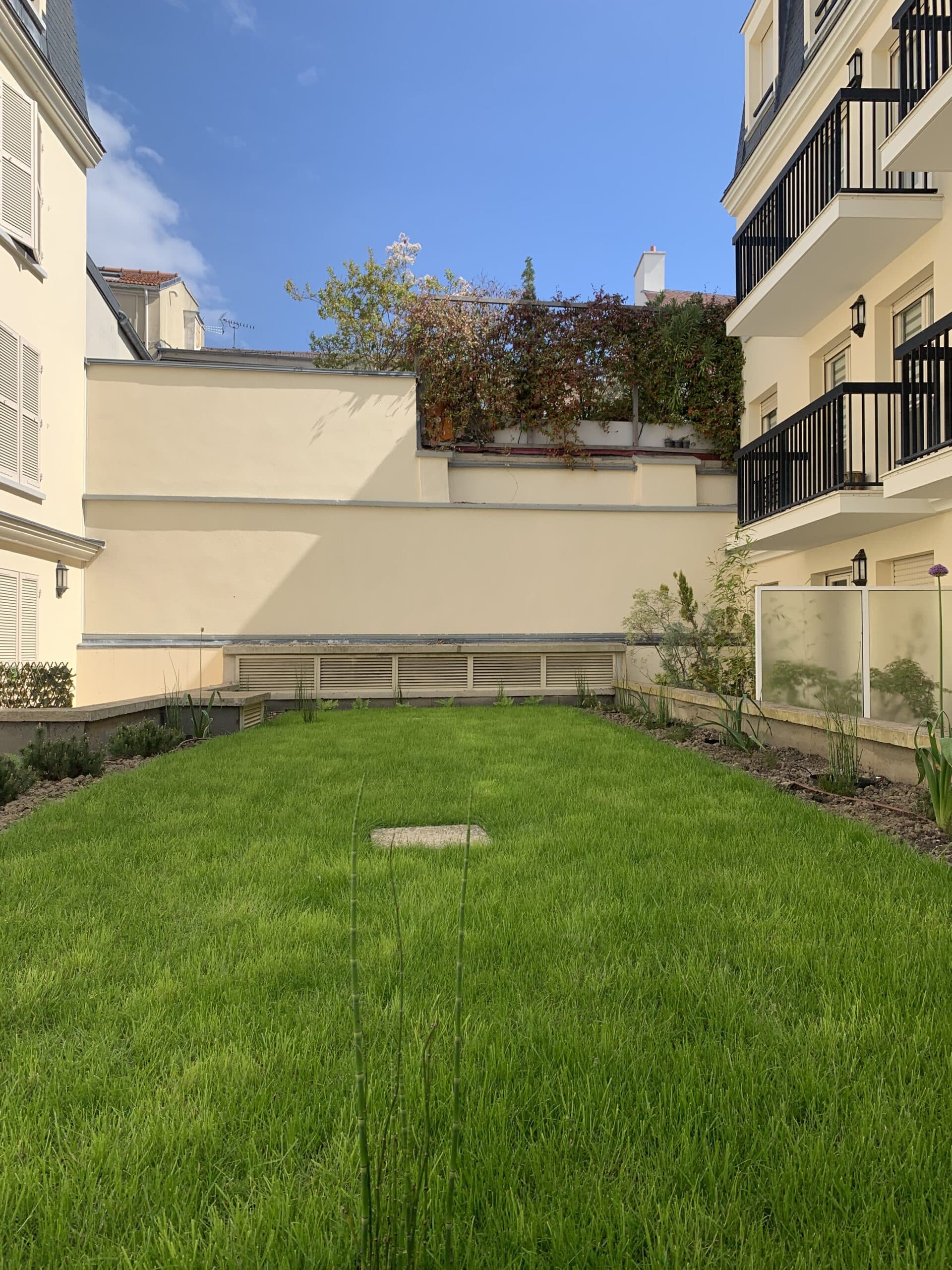 Cour intérieure verdoyante avec pelouse luxuriante, murs beiges fleuris et bâtiments parisiens classiques sous ciel bleu clair.