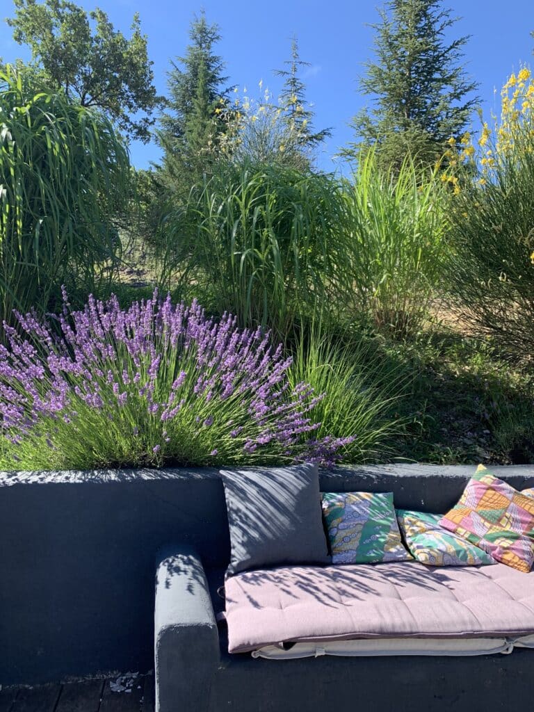 Canapé extérieur gris avec coussins colorés, devant un massif de lavande violette en fleurs et de hautes herbes vertes sous un ciel bleu.