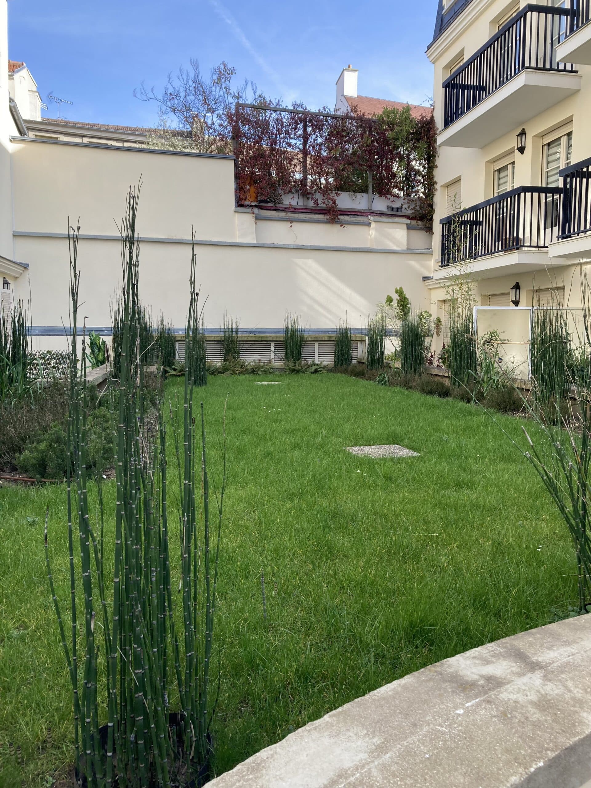 Cour intérieure résidentielle avec pelouse verte luxuriante, plantes en pots, murs crème, et balcons noirs. Ciel bleu lumineux.
