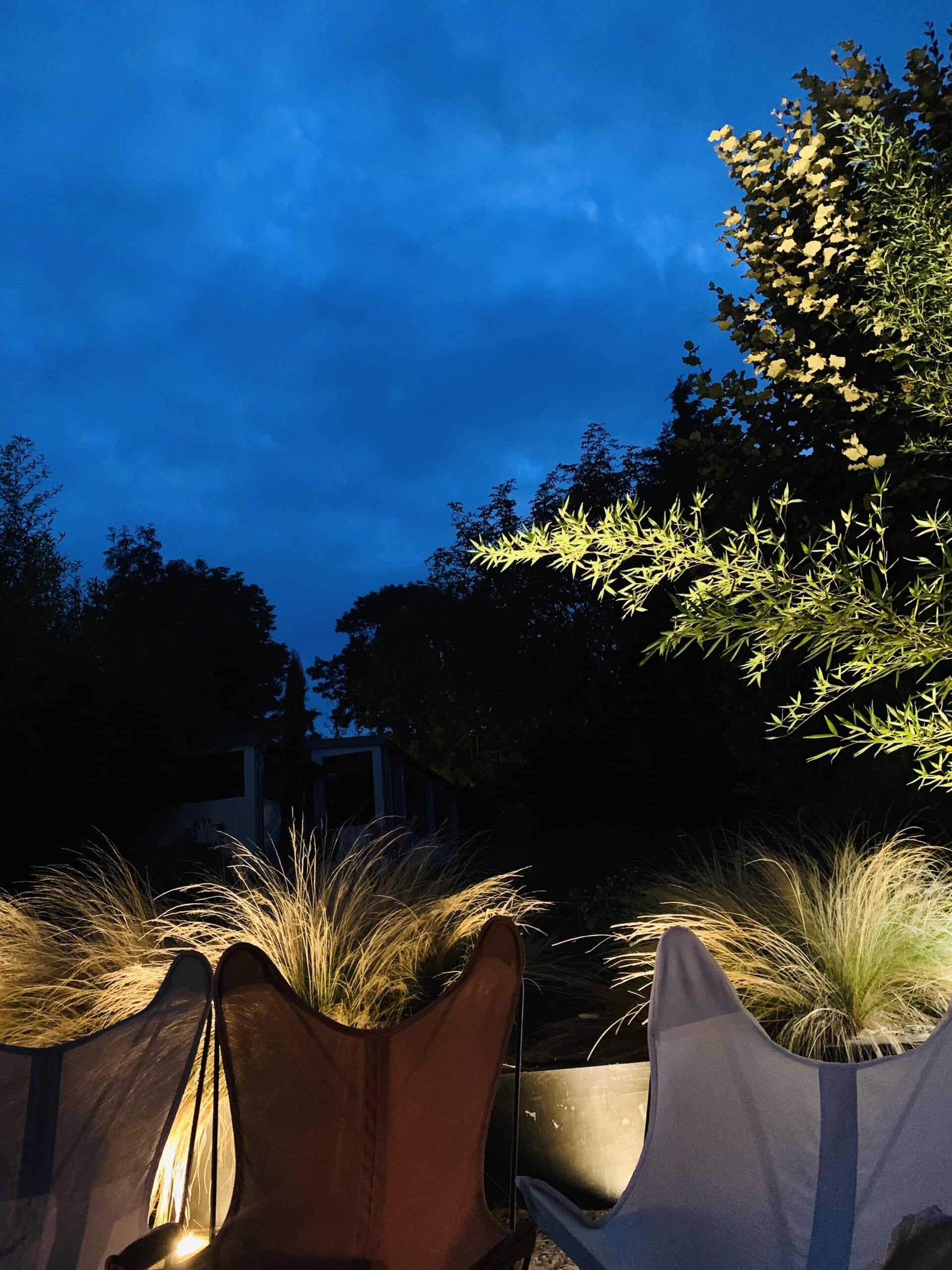 Jardin de nuit avec chaises confortables autour d'un feu, herbes lumineuses dorées, arbres éclairés et ciel bleu profond.