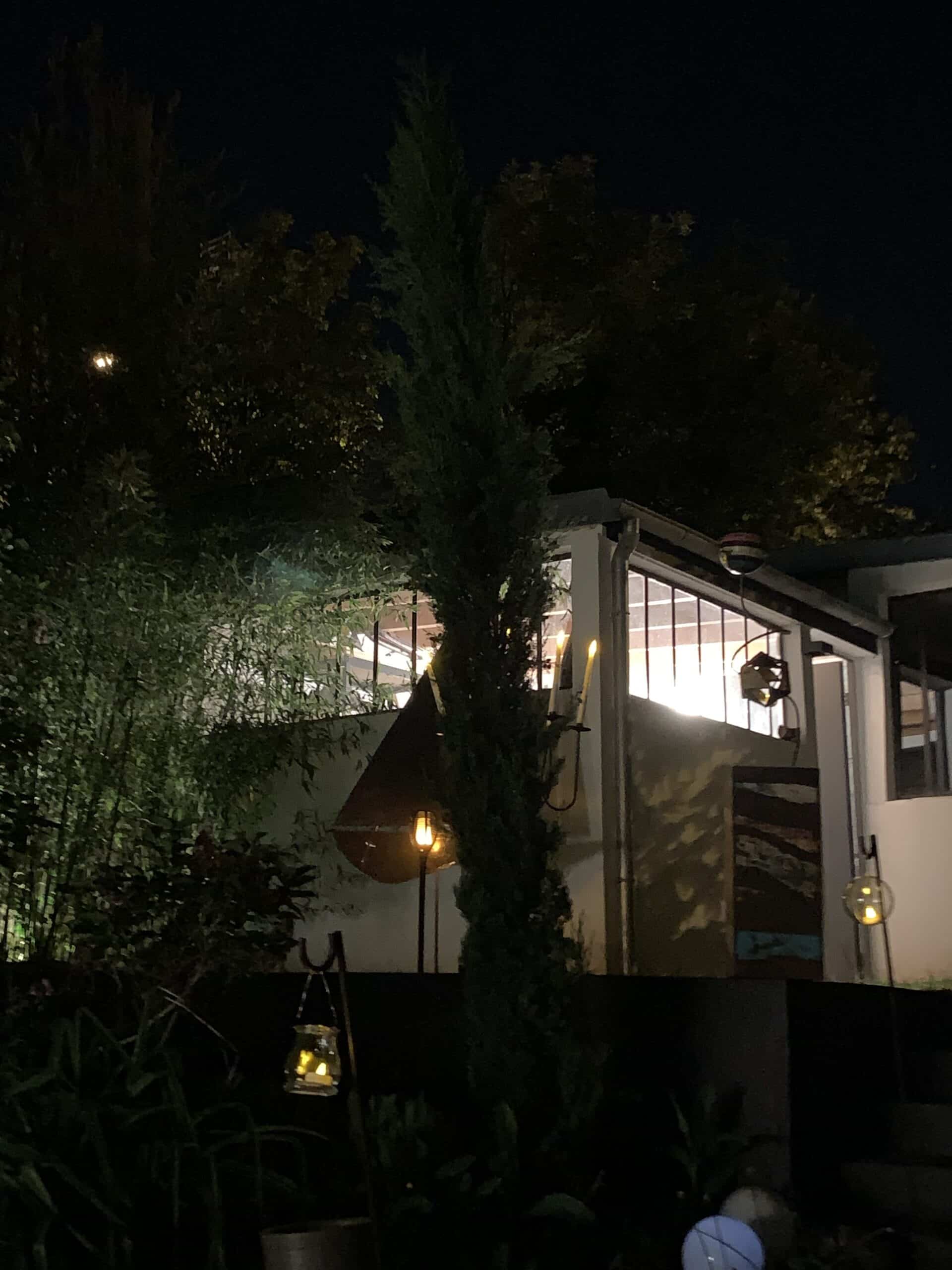 Jardin de nuit avec lumières chaudes et bâtiment moderne éclairé par de grandes fenêtres. Ambiance extérieure intime, végétation luxuriante.