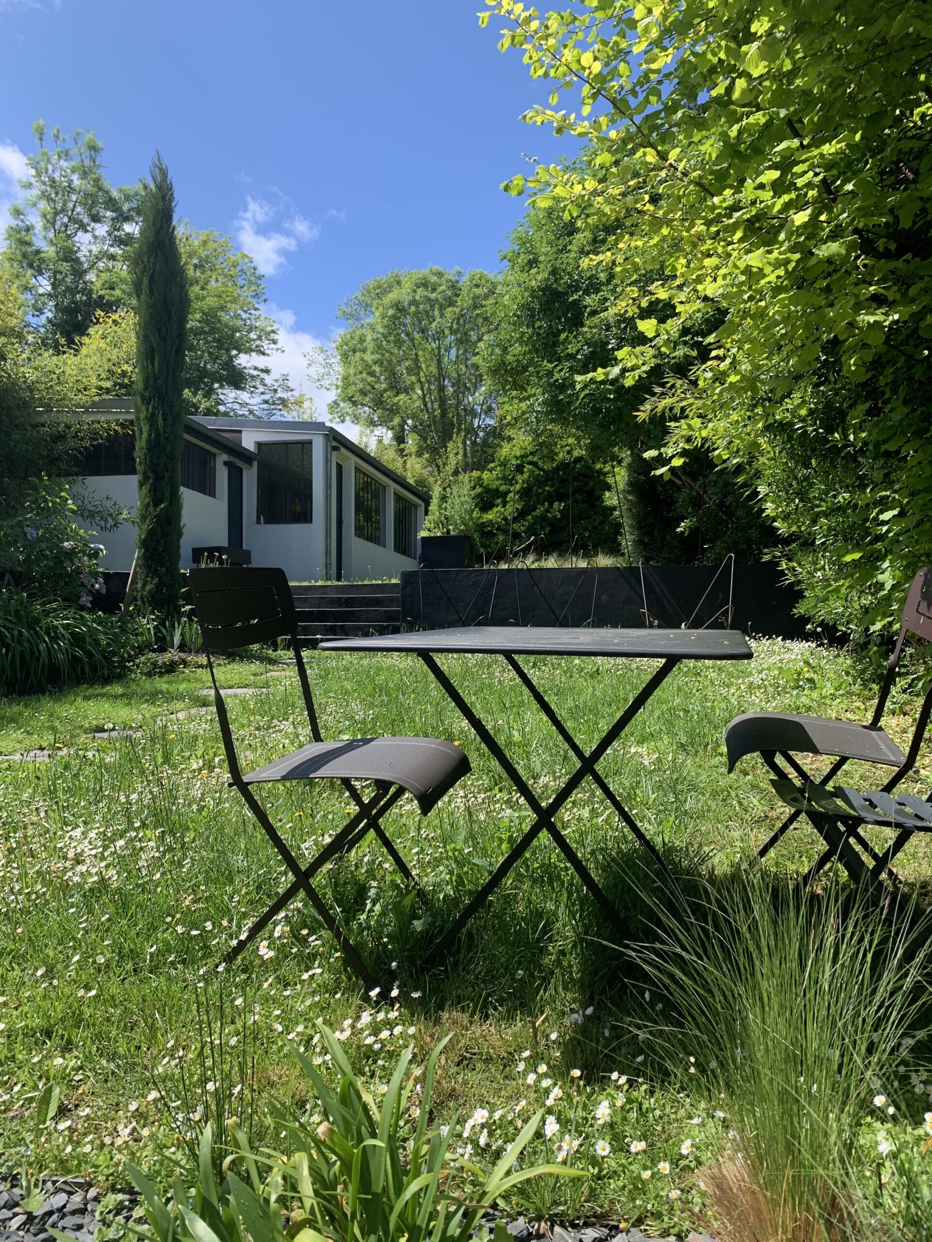 Table et chaises de jardin sombres sur une pelouse fleurie de marguerites. Maison moderne blanche et verdure luxuriante sous un ciel bleu ensoleillé.
