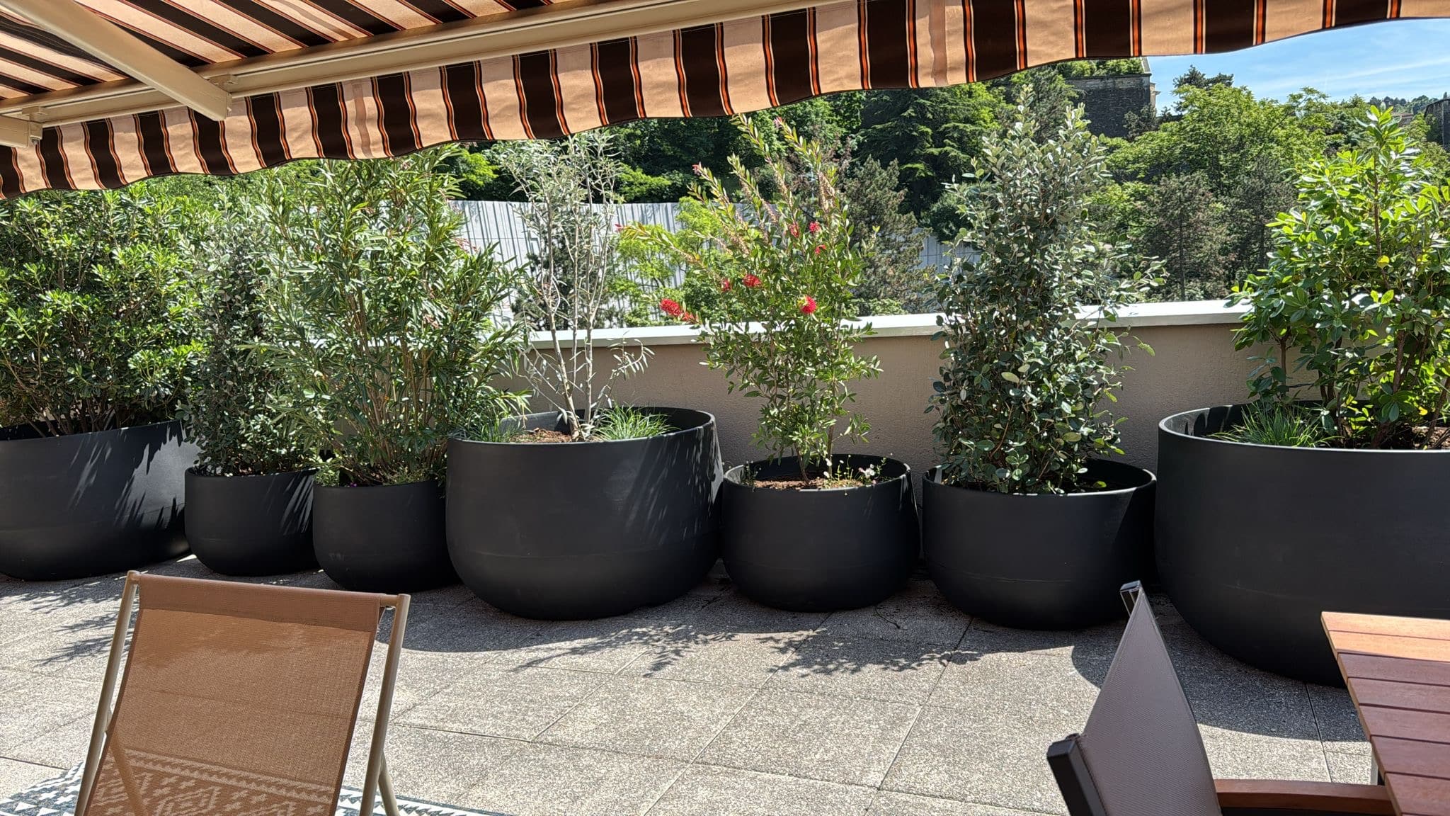 Terrasse ensoleillée avec auvent rayé beige et marron. Grandes jardinières noires abritant diverses plantes vertes et à fleurs rouges.