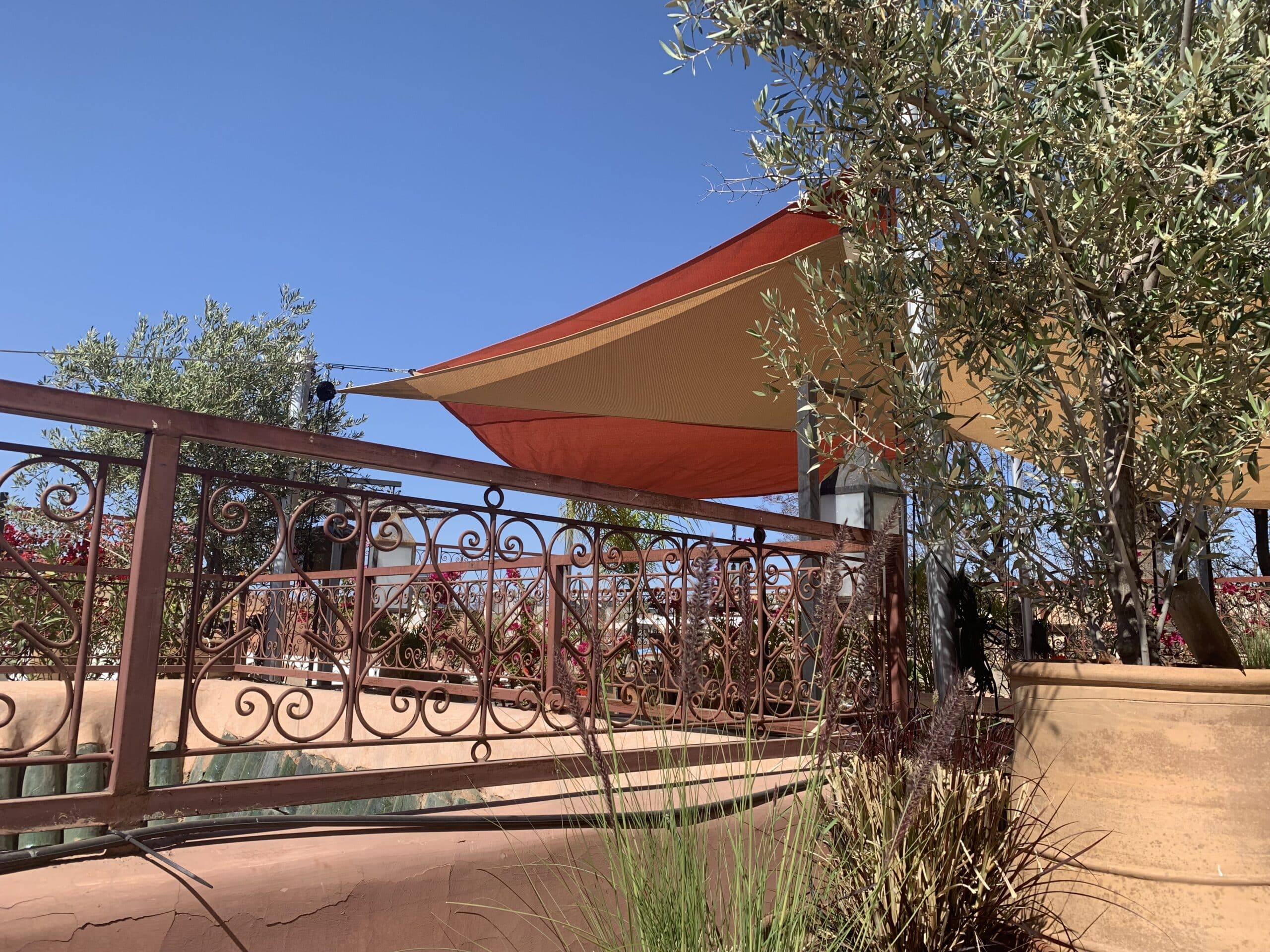Terrasse ensoleillée avec ciel bleu, voiles d'ombrage orange et rouge, garde-corps en fer forgé et olivier. Ambiance méditerranéenne.