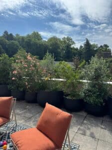 Terrasse ensoleillée avec fauteuils à coussins terracotta, bordée de grands pots noirs contenant des arbustes fleuris, sous un ciel bleu nuageux.