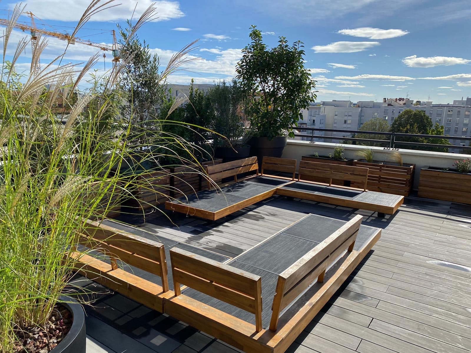 Grande terrasse sur le toit avec mobilier lounge en bois, grandes plantes vertes en pots et vue urbaine sous un ciel bleu nuageux.