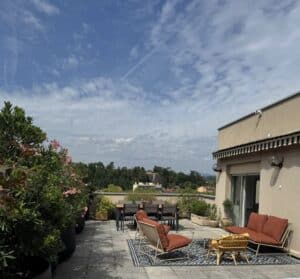 Grande terrasse de toit aménagée avec salon bas, salle à manger extérieure, et nombreuses plantes, offrant une vue sur un paysage verdoyant sous un ciel nuageux.