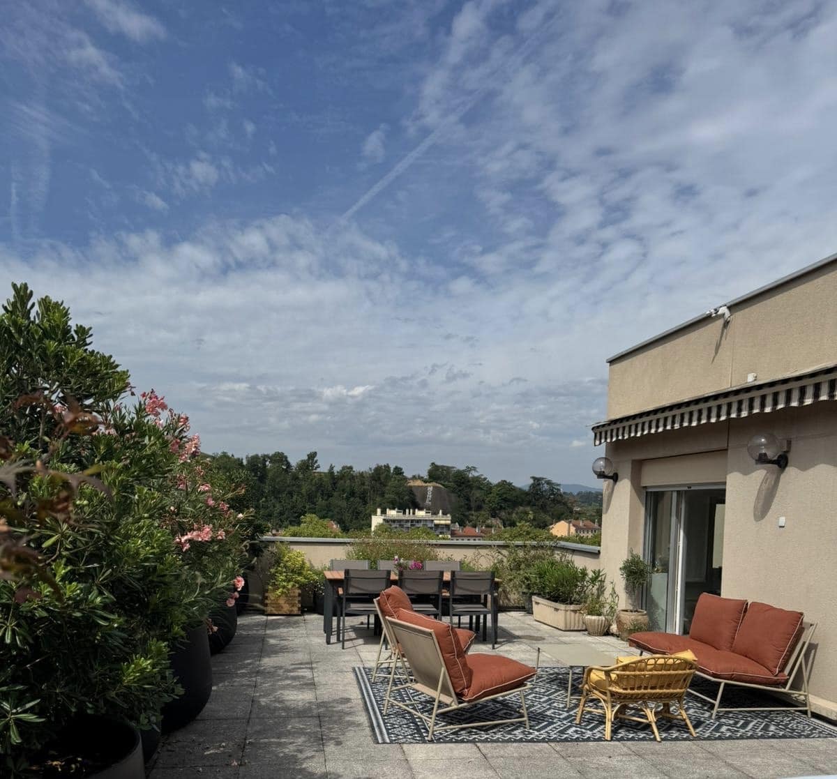 Grande terrasse de toit aménagée avec salon bas, salle à manger extérieure, et nombreuses plantes, offrant une vue sur un paysage verdoyant sous un ciel nuageux.